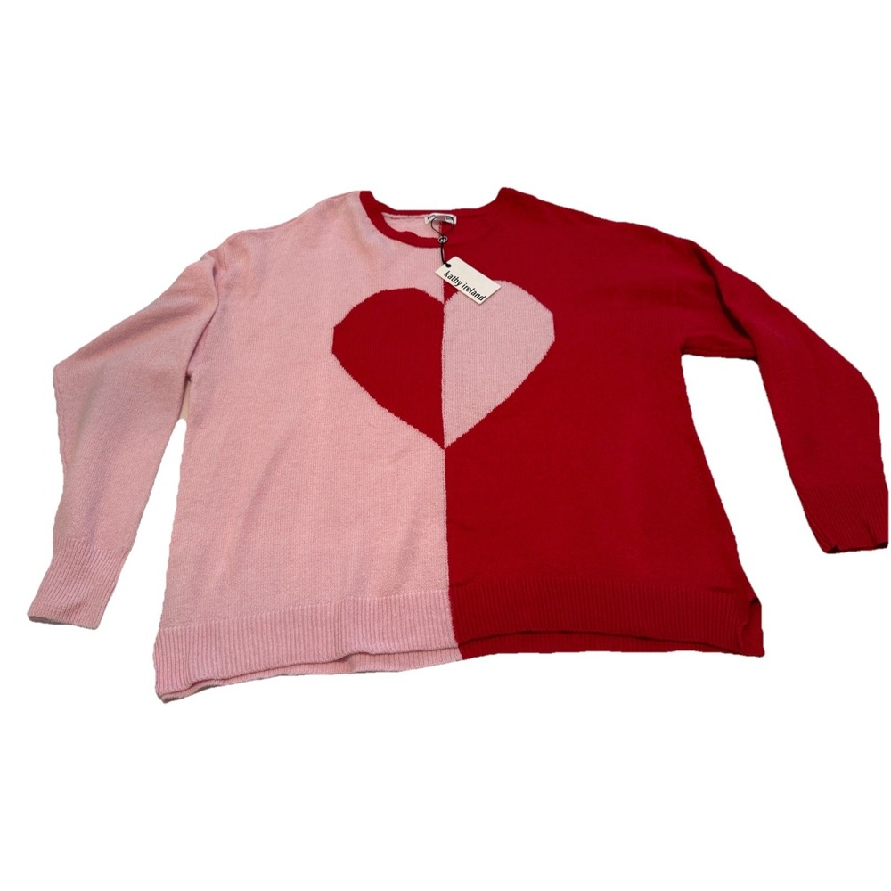 Kathy Ireland Sweater Sze2x Red&pink Blocked Large Heart Soft Cozy Stretch